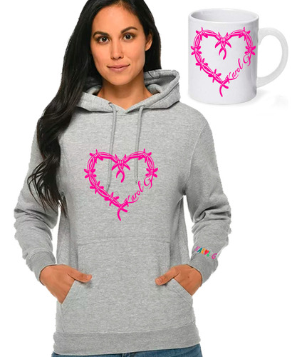 Poleron Canguro Hombre Mujer Y Niño Karol G Corazon Rosa+taza