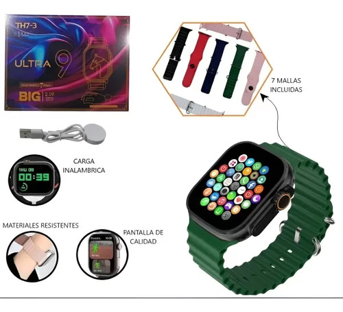 Reloj Smartwatch Bluetooth Ultra 9 Big 2.09 + 7 Mallas Negro Varios Diseños Varios Colores Intercambiable