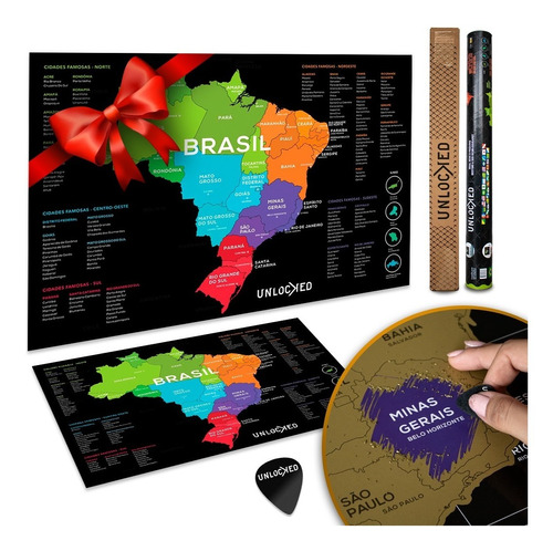 Imagem 1 de 9 de Kit 2x Mapa Do Brasil De Raspar Unlocked Sem Moldura 60x42cm