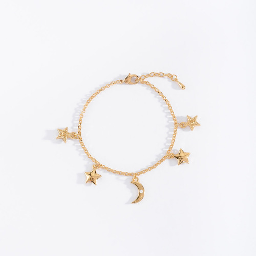 Pulsera Dorada Dijes Estrellas Y Luna De La Suerte