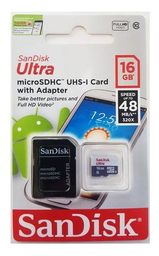 Memoria Microsd Sandisk 16gb Ultra C10 Adaptador 48 Mb/s