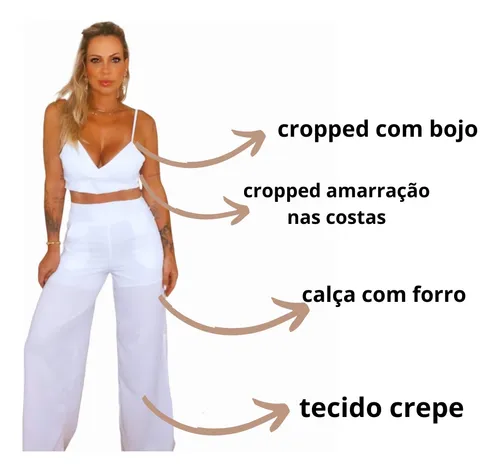 Calça flare branca com cropped 2025