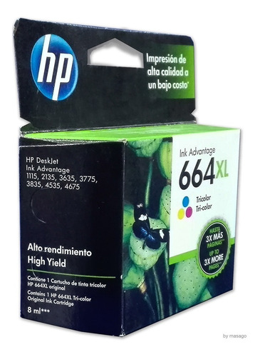 Cartucho Tinta Hp 664xl Color F6v30al Original Alto Rendimie