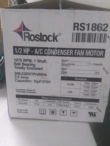 Motor Ventilador De 1/2hp 1075rpm 220volt. 1 Eje Rostock