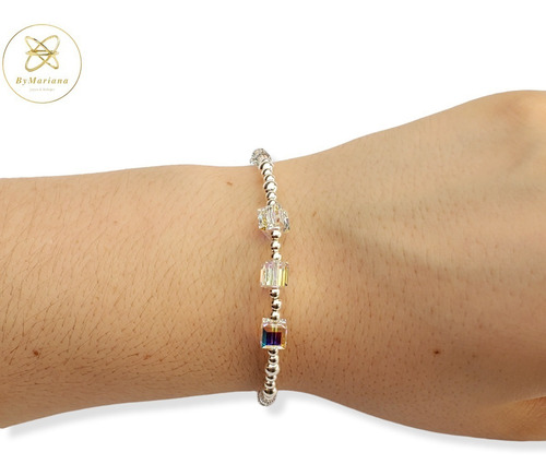 Imagen 4 de 8 de Pulsera Plata Con Cristal Swa Aurora Boreal Y Bolitas