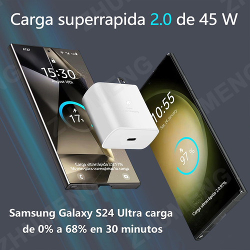 Cargador 45W Tipo C 5a Carga Rápida USB C Portatil Para Sumsung Galaxy A56/ A36/ M15/ M55/ S25 Ultra/ S24 Ultra/ S23 Ultra/ S25/ S24/ S23 Blanco