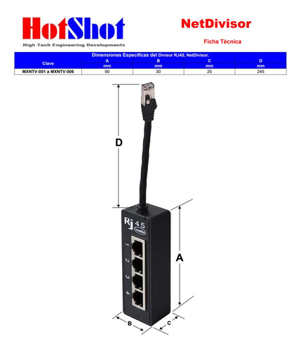 Extensor Cable Ethernet, Mxntv-004, 4pzas, Divisor Rj45 1-4,