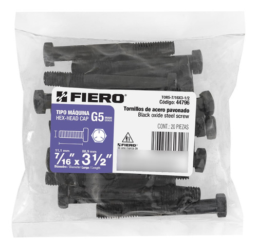Tornillo 7/16'' X 3-1/2'' Grado 5 Hexagonal Acero 20pz 44796