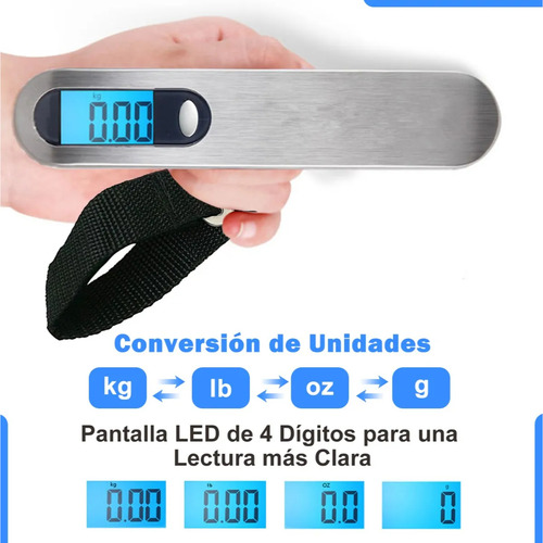 Balanza Digital De Viaje Correa 50 Kg Portátil Led Valija Plateado