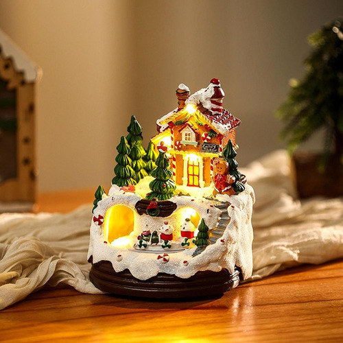 Figuras Navideñas Con Escena De Casa De Pueblo Iluminada
