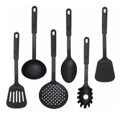 Set X6 Utensilios Teflon Cocina Nylon Negro Crystal Rock