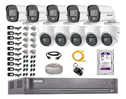 Cámaras Seguridad Kit 10 Hikvision 5mp Colorvu Noche Color