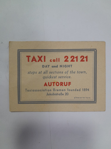 Antigua Tarjeta Taxi Bremen Alemania Con Mapa (Usado)