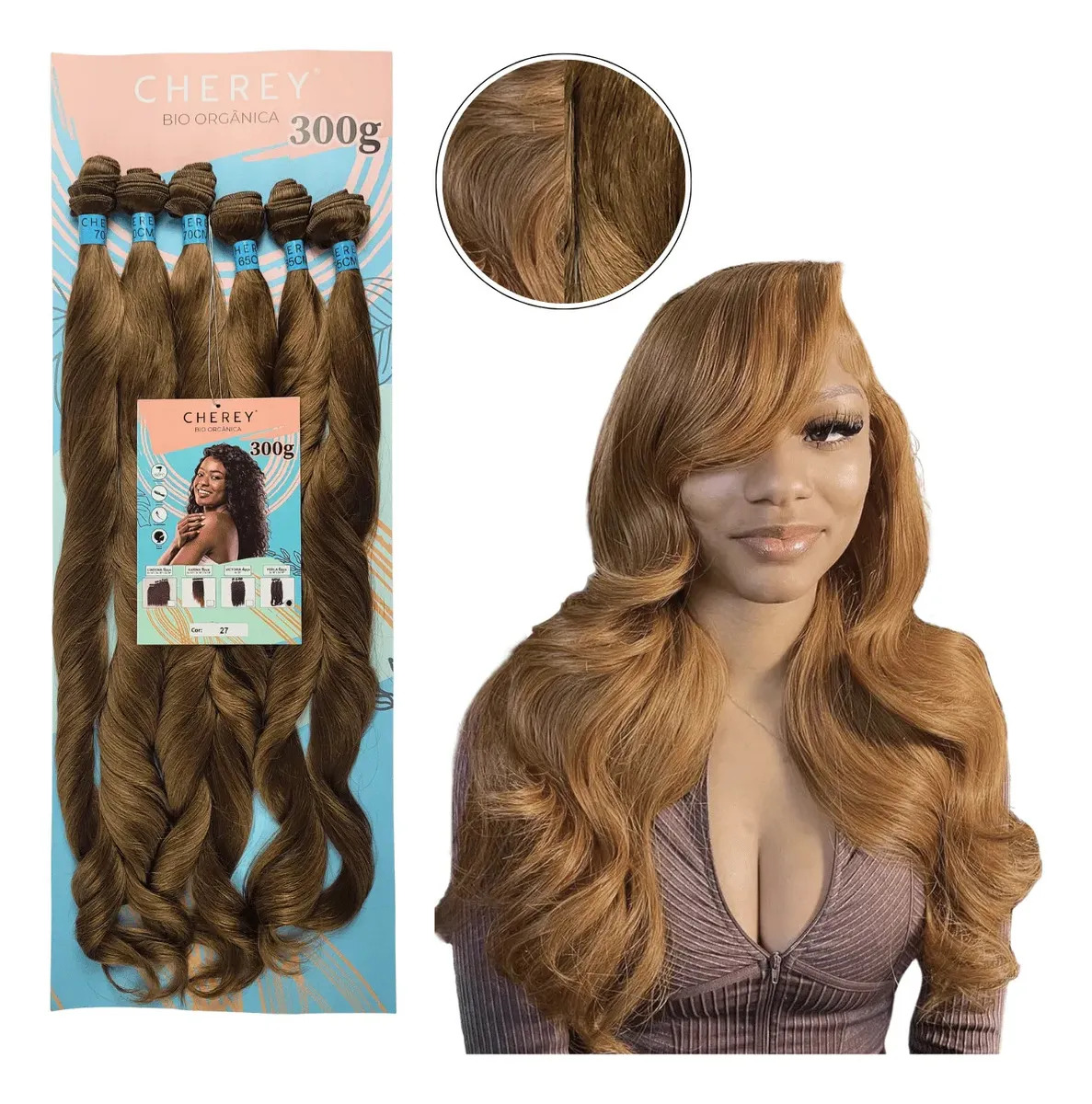 Cabelo Orgânico Ondulado Liso Perla 300g 6 Telas Cherey Loiro Mel 27