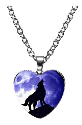 Collar Dije Cristal Corazón Galaxia Lobo Color Plata Mujer