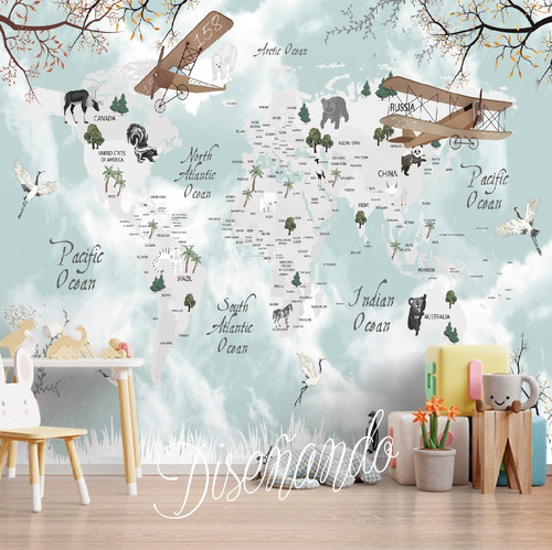 Vinilo Decorativo Mapamundi Mural Infantil  - Cielo Y Nubes