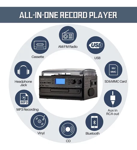Tocadiscos Bluetooth 10 En 1 Con Altavoz Y Radio Fm Am