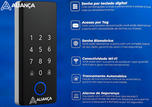 Fechadura Eletronica Digital De Sobrepor Touch Screen Com Biometria Para Vidro Senha Alarme De Segurança Tuya Wi-fi Iris Plus Aliança