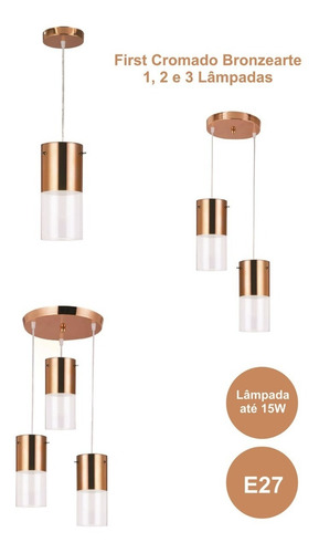 Imagem 4 de 7 de Lustre Pendente De Vidro Cobre 3 Lâmpadas First Bronzearte