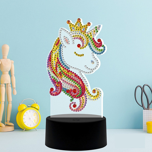 Lampara Noche Buro Led Acrilico Pintura Diamantes Unicornio