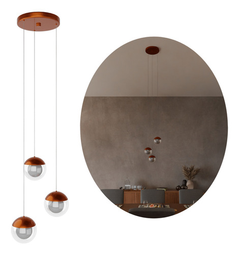 Pendente Lustre Triplo Jabuticaba Globo Vidro Especial G9 Estrutura Cobre Brilhoso Globo Transparente 127/220V