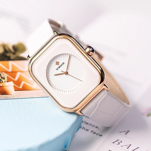Reloj Wwoor de cuarzo para mujer, correa de piel, blanco, color bisel, dorado