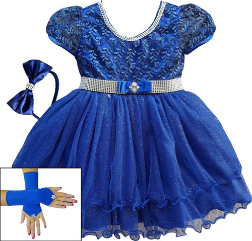Vestido Infantil Princesa Realeza Azul E Bolero Luva Tiara | Frete grátis