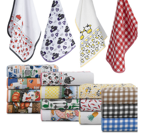 Kit C/10 Pano De Prato Estampado Sortidos Cozinha 100% Algodão Alta Absorção Texfine