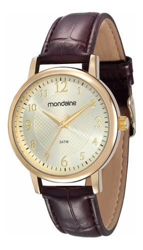 Relogio Mondaine Feminino Pulseira De Couro 83281lpmvdh1 Cor da correia Marrom Cor do bisel Dourado Cor do fundo Dourado