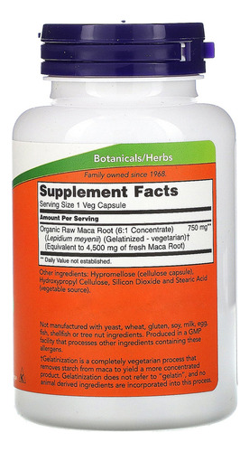 Maca peruana cruda Now Foods, 750 mg, 90 cápsulas vegetarianas/En Brasil, sabor sin sabor
