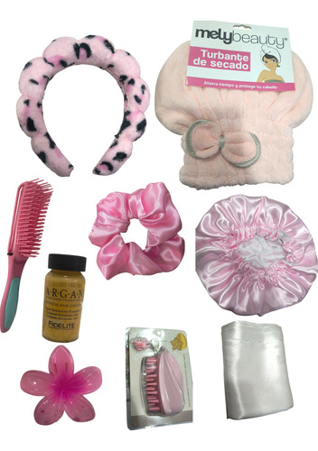 Set Accesorios P/ El Cabello Turbante Cofia Masajeador Peine Rosa Y Blanco
