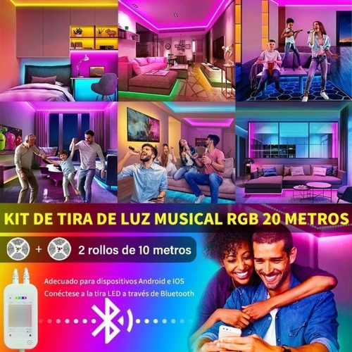 Imagen 4 de 9 de Tira De Luces Led Rrgb Bluetooth Músic 20 Metros