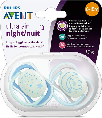 Chupetes Avent Silicona Ultra Air Night  6 -18m X 2 Luminoso