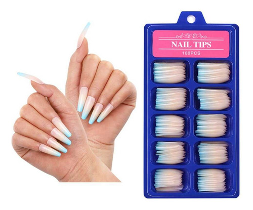 100 Uñas Postizas Francesas Celestes Manicure Press On Nails
