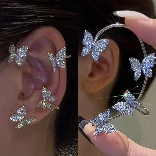 Imagen 6 de 8 de Arete Dorado O Plateado Ear Cuff Climber Mariposas Cristales