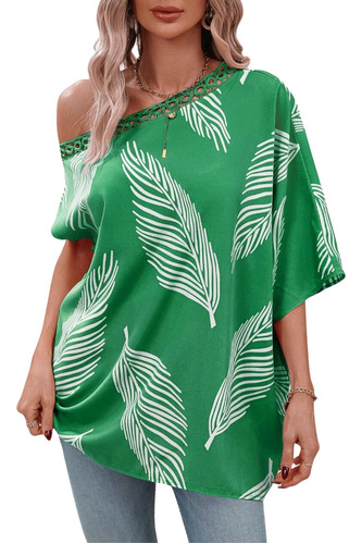 Shein Lune Blusa Con Estampado De Hoja De Cuello Asimétrico 