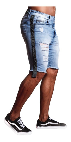 Bermuda Destroyed Jeans Skinny Detalhe Faixa Lateral Codi