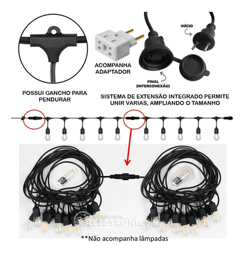 Cordão Varal Luzes Porta-lâmpadas 5mts 5 Soquetes
