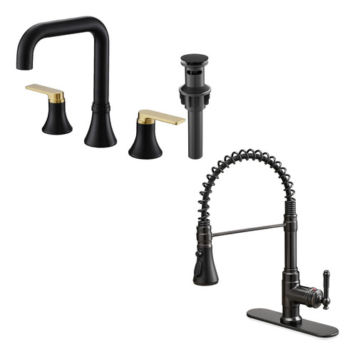 Black And Gold Bathroom Faucet Widespread, 360 Degree Swivel