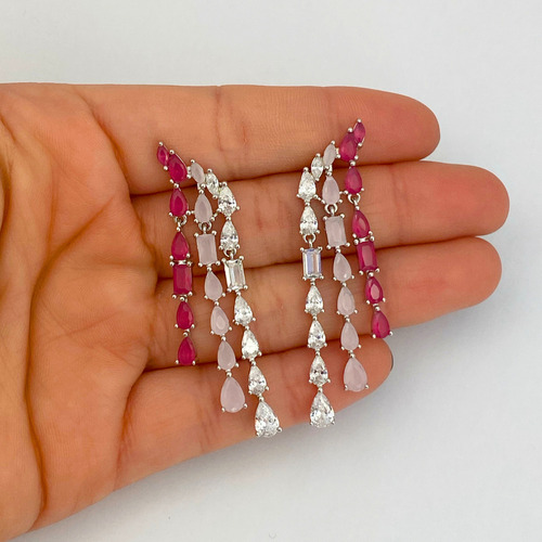 Brinco Festa Cravejado Rosa E Cristal Estiloso Com Garantia