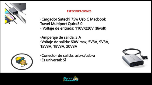 Cargador Satechi 75w Usb C Macbook Travel Multiport Quick3.0