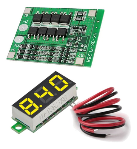 Kit Placa Proteção Bms 3s 25a + Mini Voltimetro Digital 12v