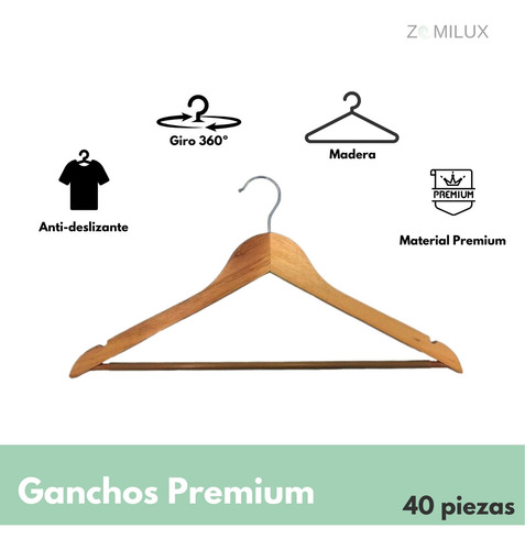 40 Ganchos Para Ropa De Madera ZOMILUX Perchas Antideslizantes, Premium y Durables Color Natural