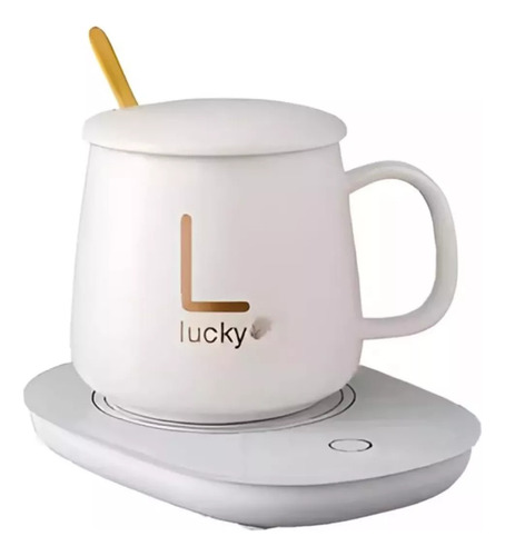 Taza Con Tapa Y Con Calentador Eléctrico Y Cuchara Color Blanco