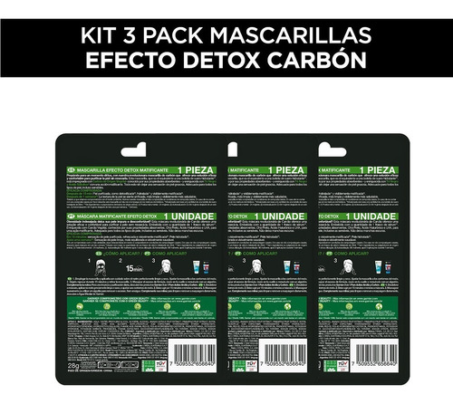 Imagen 2 de 5 de Kit Garnier 3 Pack Mascarilla Facial En Tela Pure Carbón