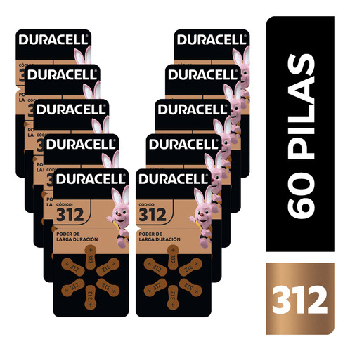 Duracell Pila Auditiva 312, Zinc Aire 1.45v, Con 60 Pilas