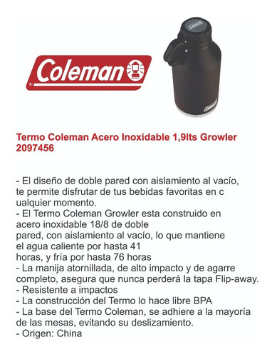 Termo Acero Inoxidable 1,9l Growler Negro Mas Mate Coleman