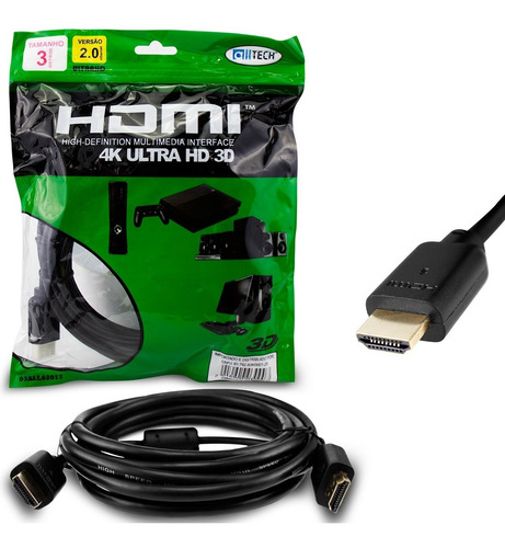 Cabo Hdmi 3 Metros 2.0 19 Pinos Ethernet 4k Ultrahd 3d