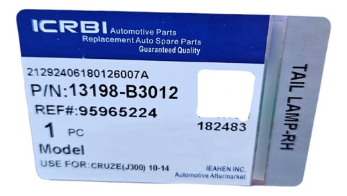 Mica Stop Trasero Derecho Chevrolet Cruze 1.8 2011 - 2015