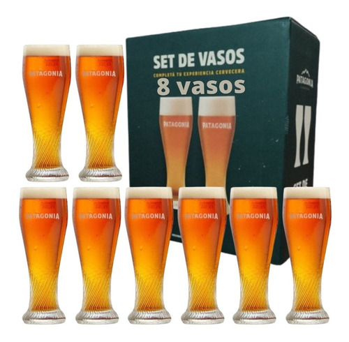 Set 8 Vasos De Cerveza Patagonia 500 Ml Curvo Caja Regalo